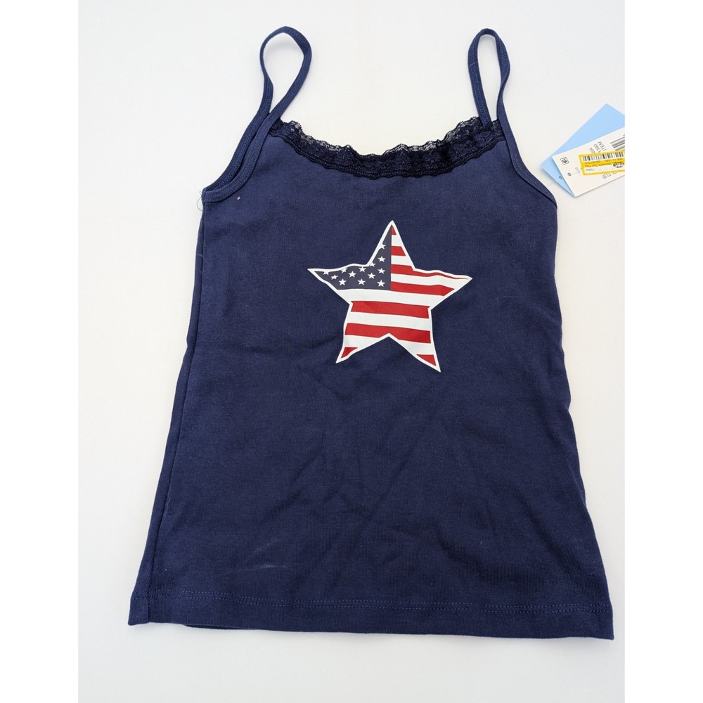 MODERN LUX Navy Blue Star American Flag USA Lace Trim Cami Tank Top Women's S